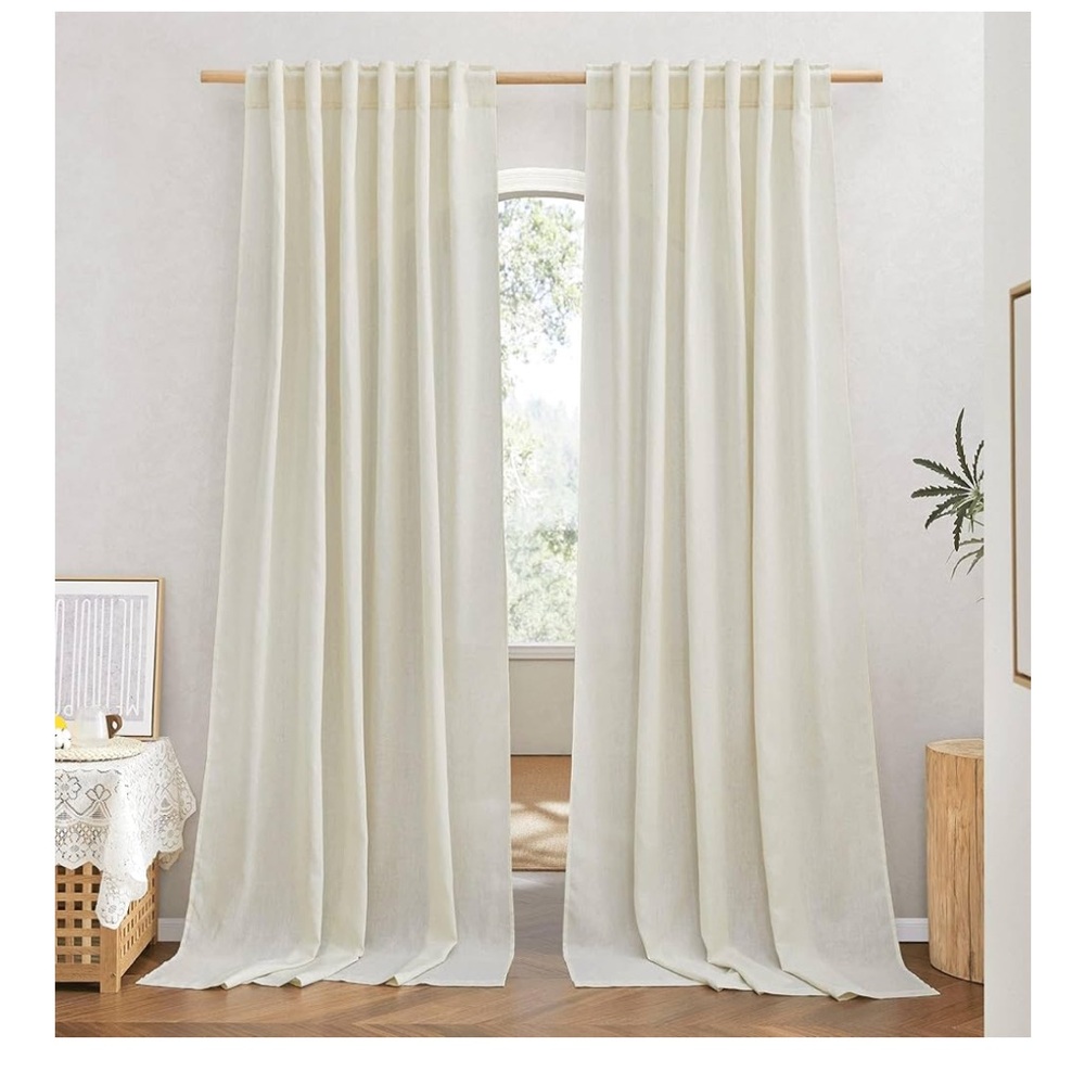 NWOT 95” Pair Flax Linen Boho Curtains Rod Pocket & Back Tab Semi Sheer